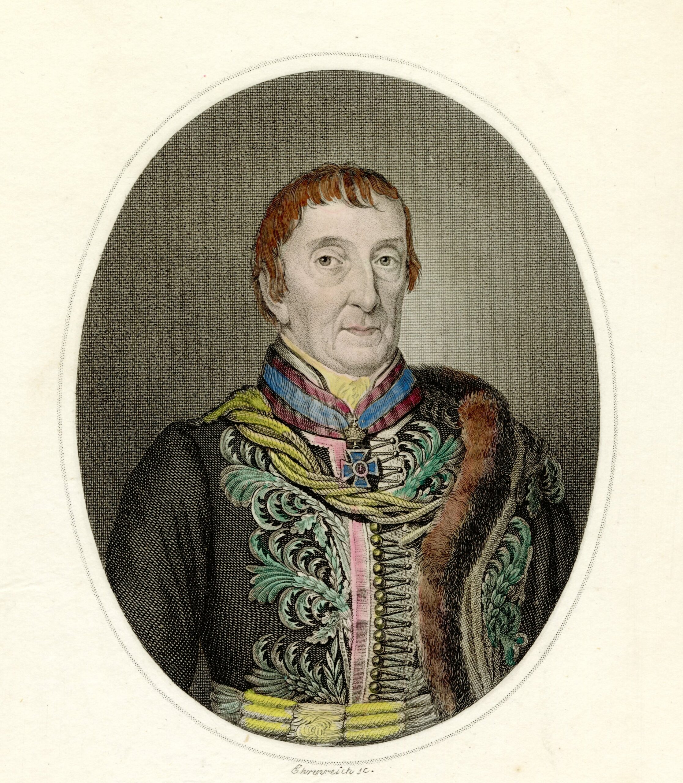 Ehrenreich sc. (﻿J.j.l.﻿)   Eleven képérõl rajzoltatott. (﻿J.k.l.﻿)   Kissé jobbra forduló portré ovális keretben.